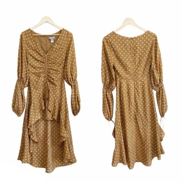 NWT Finders Keepers Rosie Tan Hi-Lo Polka Dot Ruffle Ruched Ruffle Dress S - Picture 3 of 11